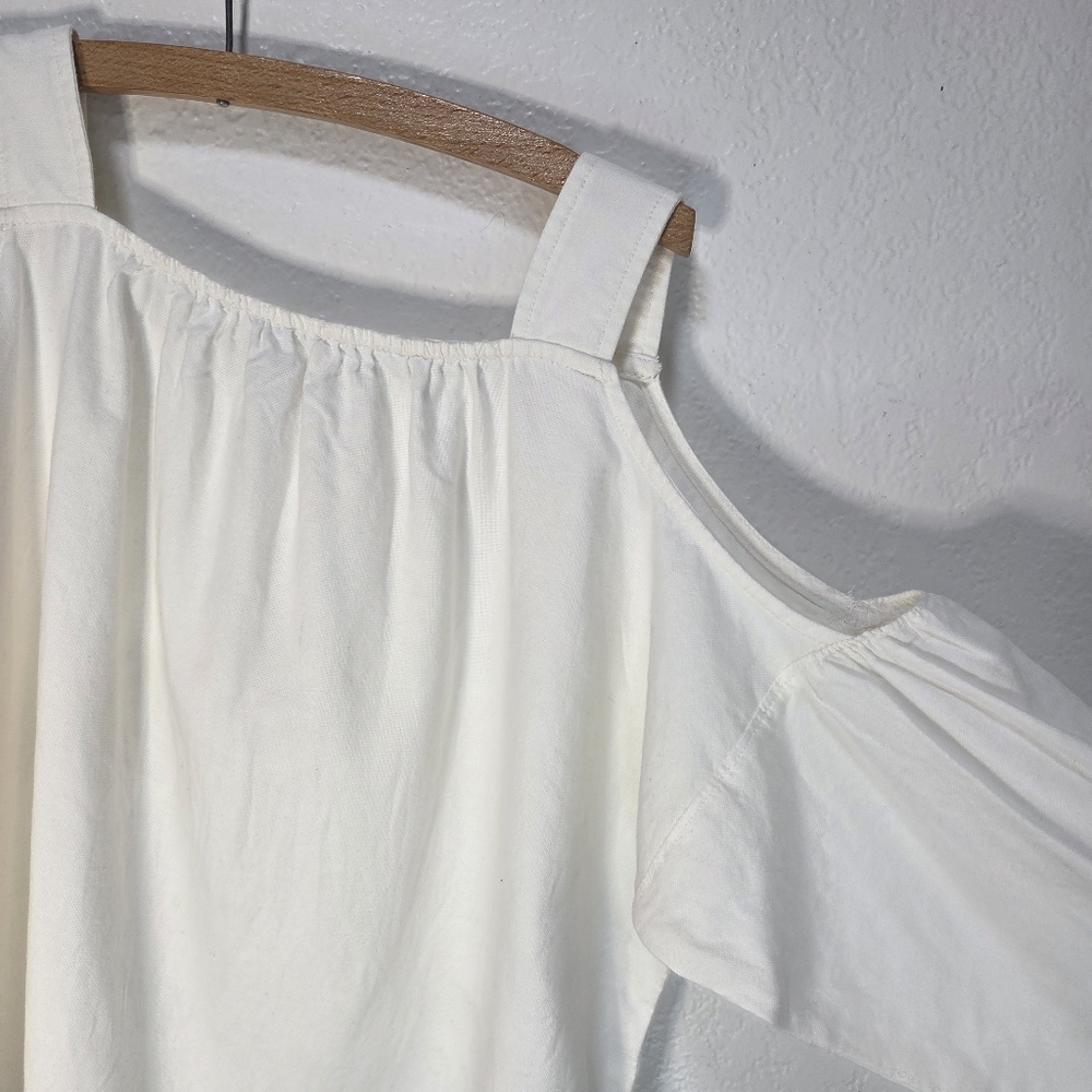Madewell Top Blouse XS Women's Indigo Cold Shoulder 3/4 Sleeve White 100% Cotton - Picture 7 of 15